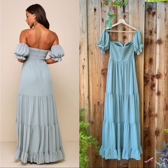 Sage Chiffon Bustier Off-the-Shoulder Ruffle Maxi Dress 🌿 - Picture 3 of 12